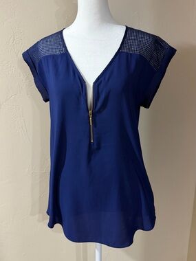 Express Royal Blue Half-Zip Sheer Mesh Yoke Top (NWOT)